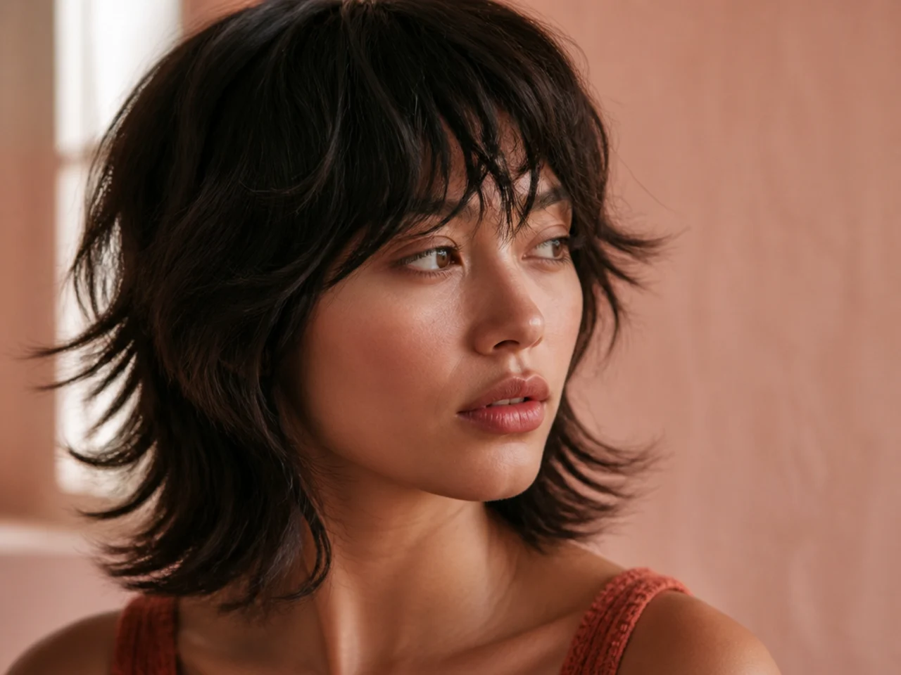 Roughened frizzy ends on the perimeter of a short wolf cut