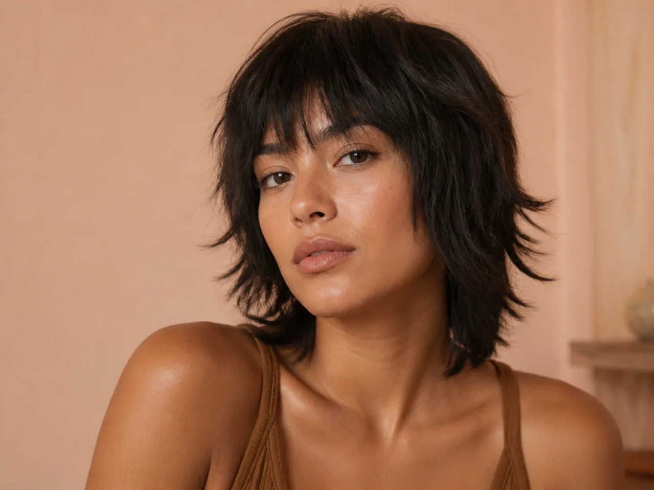 A minimally layered short wolf cut with a full readable bottom edge