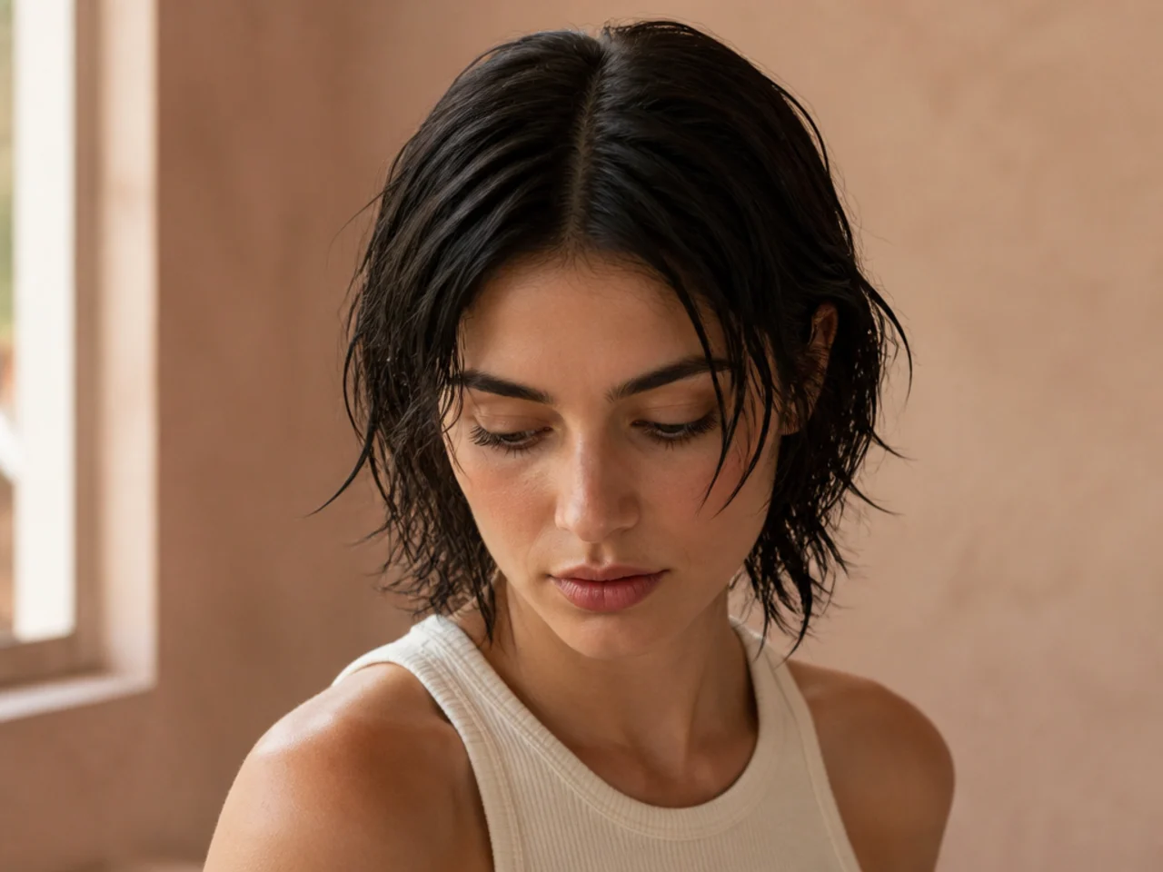 A middle part set into damp hair on a short wolf cut before it dries