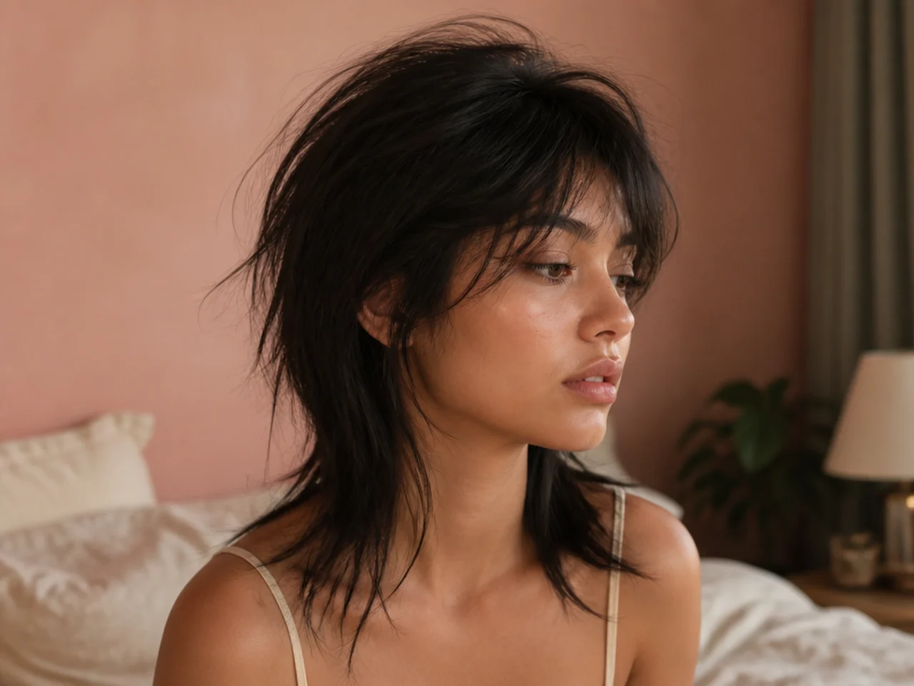 A short wolf cut flattened on one side after sleeping, uneven crown volume