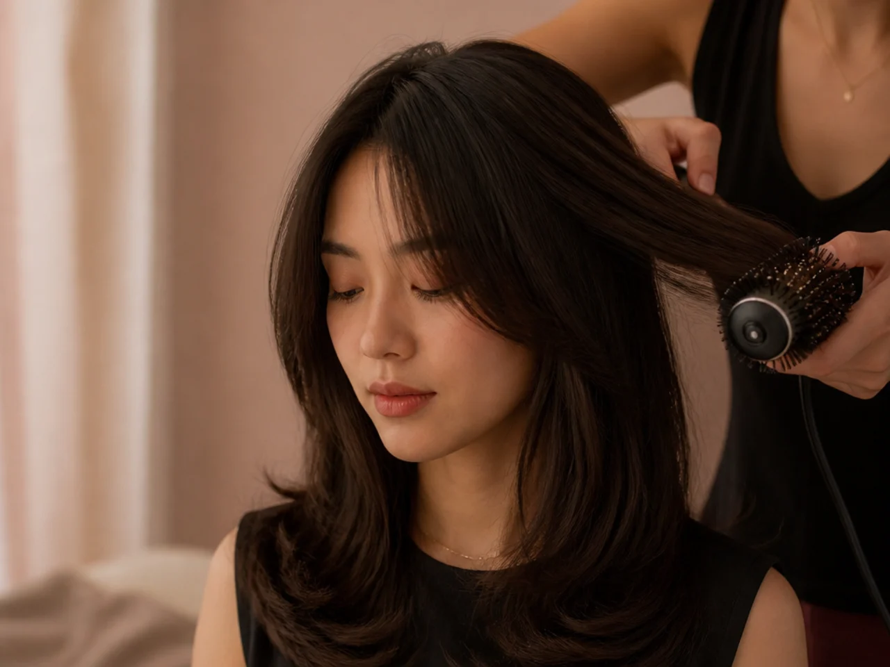 A round brush smoothing wolf cut layers into a single rounded shape
