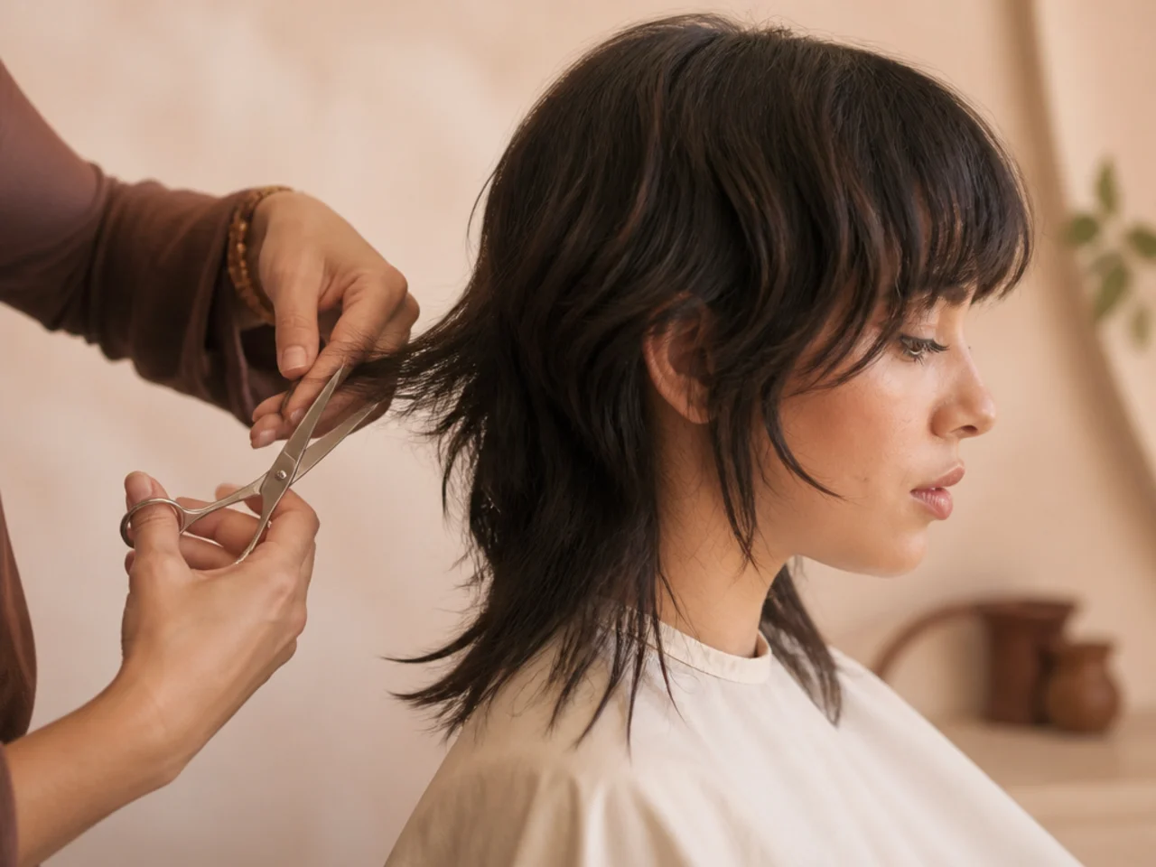 A stylist point cutting into the dry ends of a short wolf cut with the scissor tips