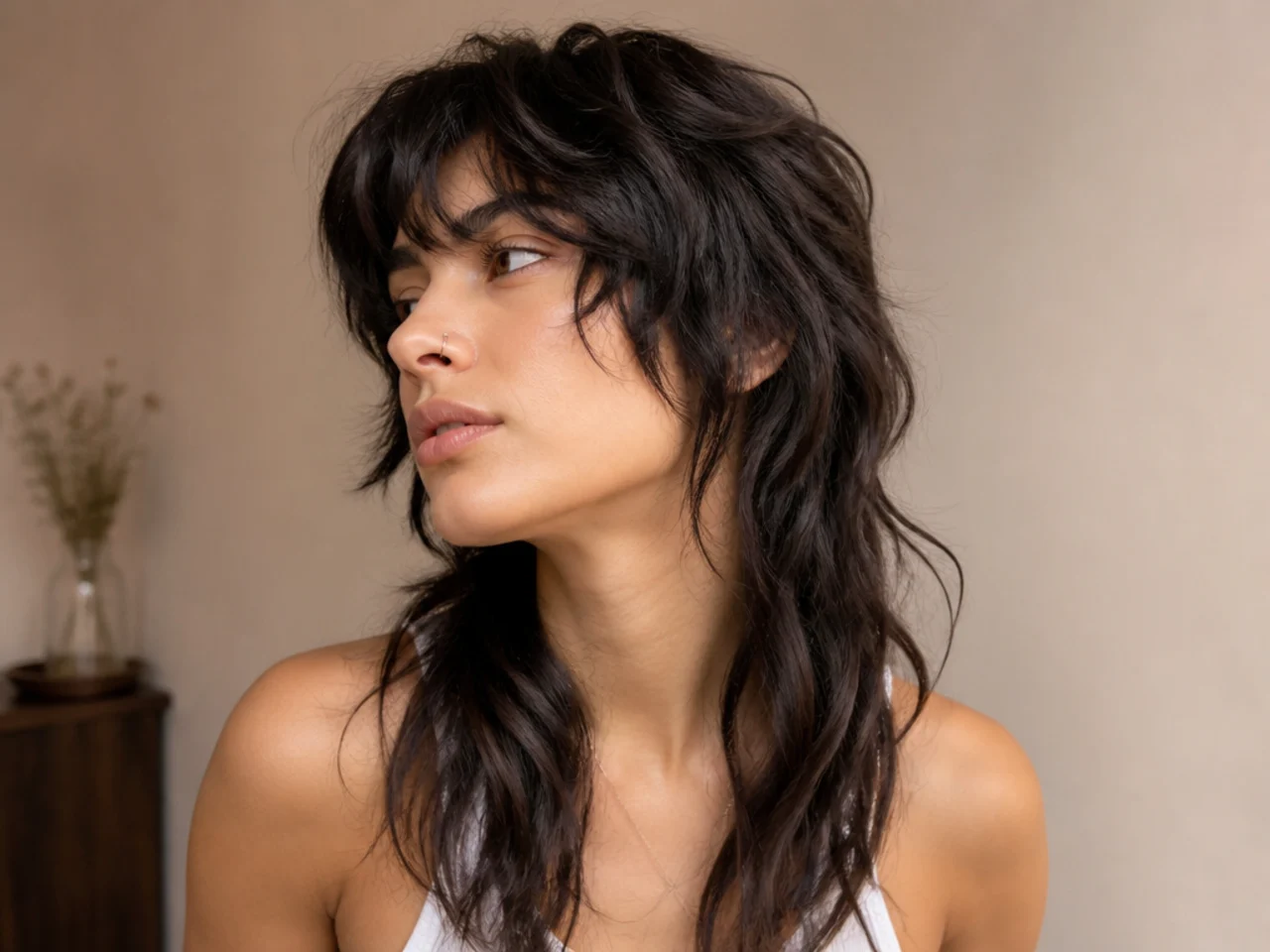 A mullet leaning wolf cut with shorter sides on long wavy hair