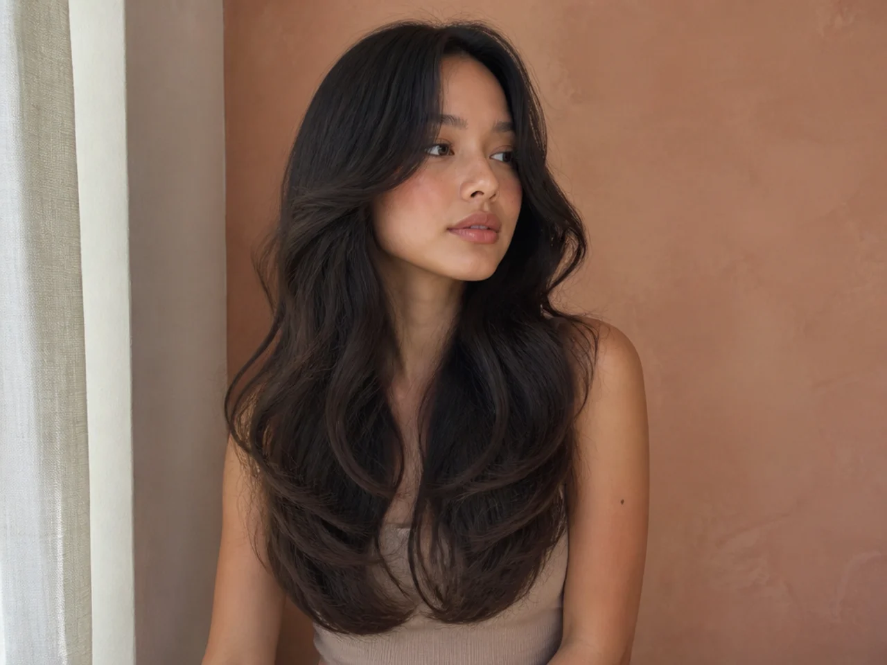 Long wavy hair with a rounded U shaped bottom edge