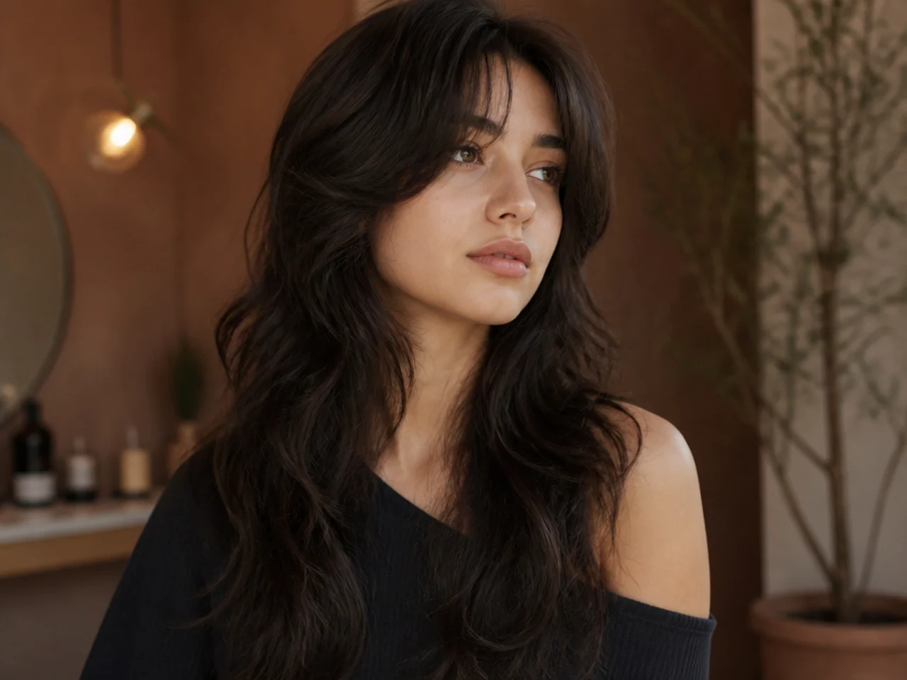 A wolf cut on long loose waves