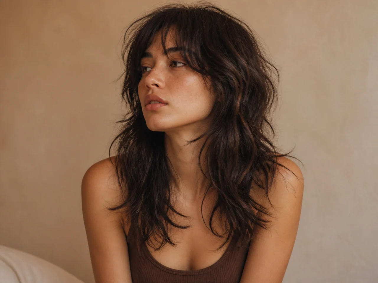 A deeply layered wolf cut on thick wavy hair