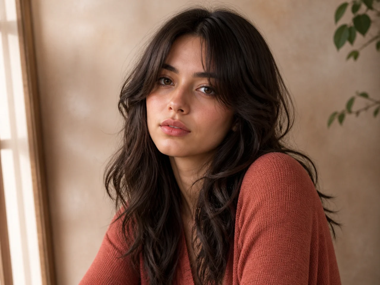 A long wavy wolf cut with a middle parting