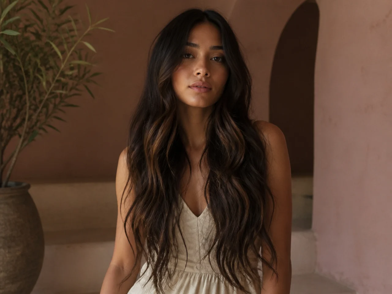 Waist length wavy hair with the shortest layer at the collarbone