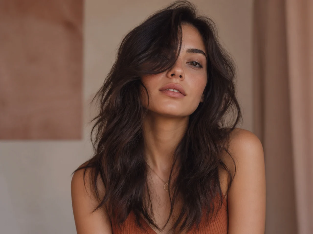 A long wavy wolf cut with a deep side parting