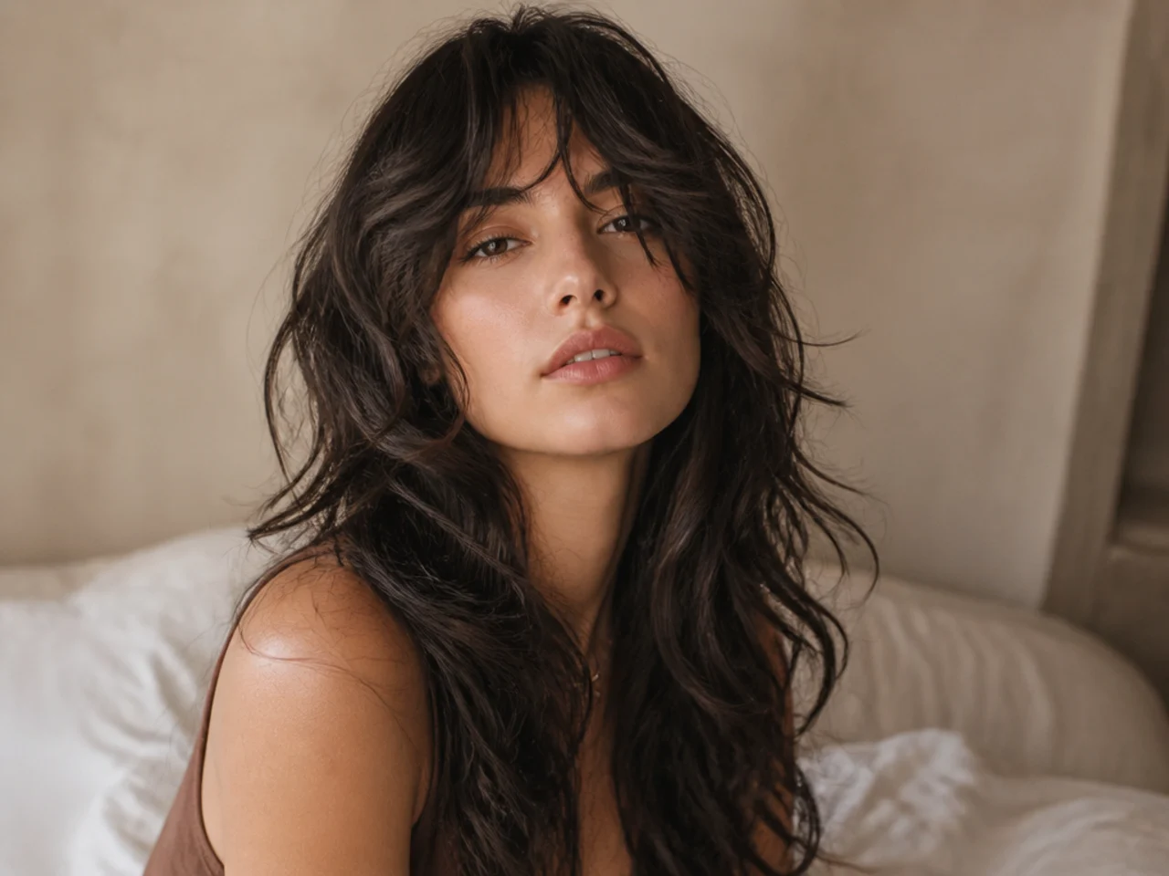 A long wavy wolf cut dried with a diffuser