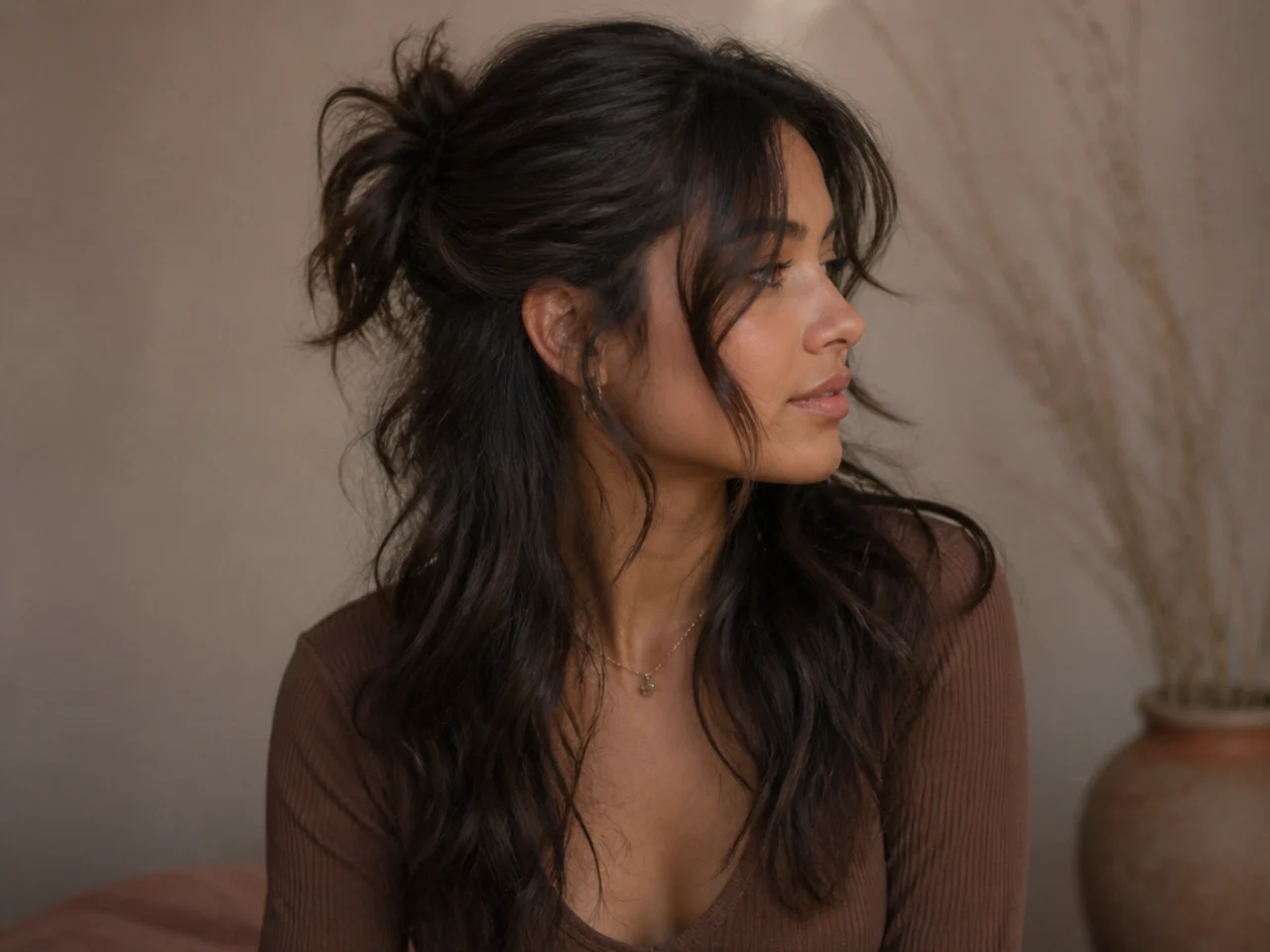 A long wavy wolf cut worn half up