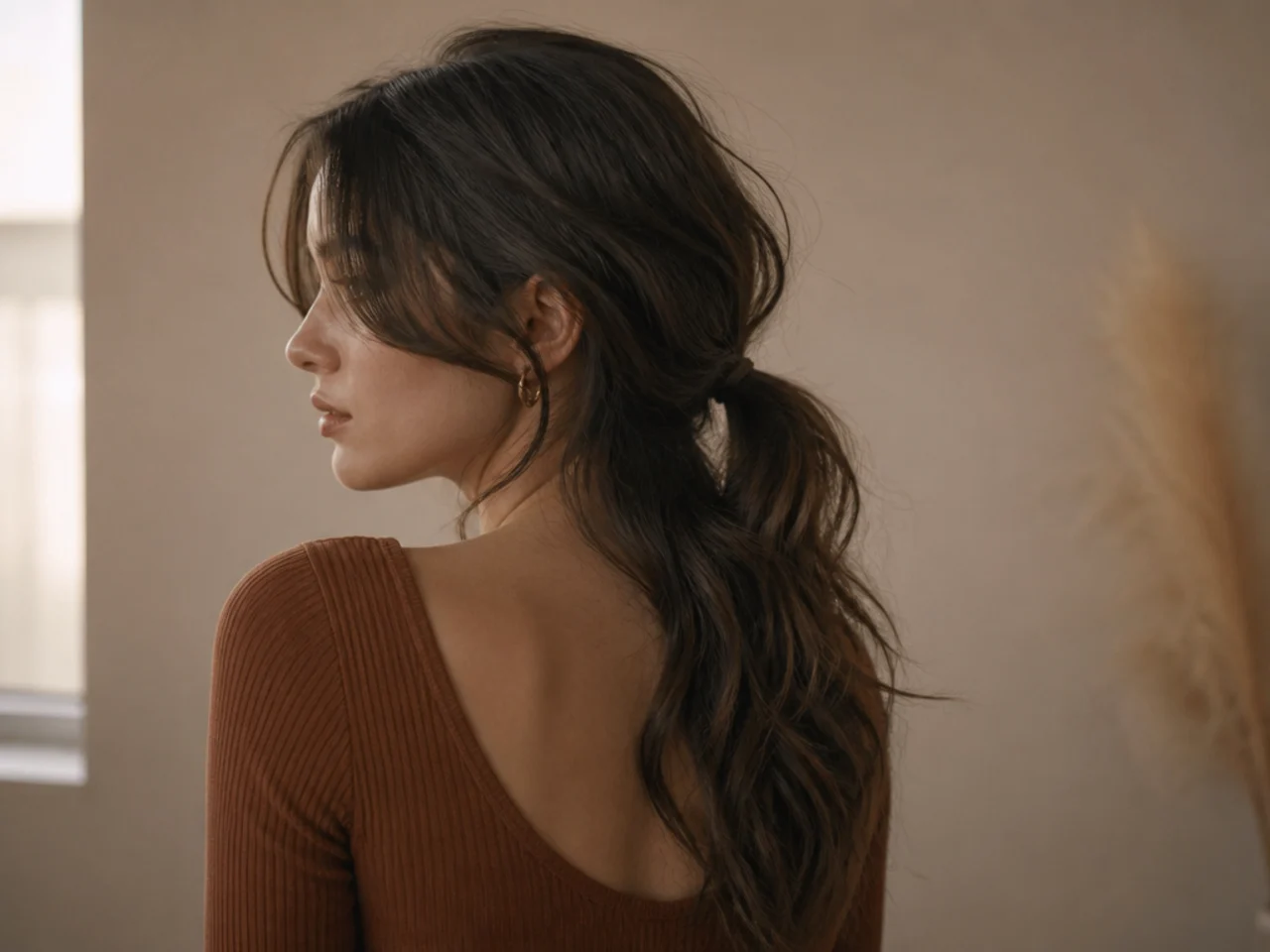 A long wavy wolf cut tied in a low ponytail