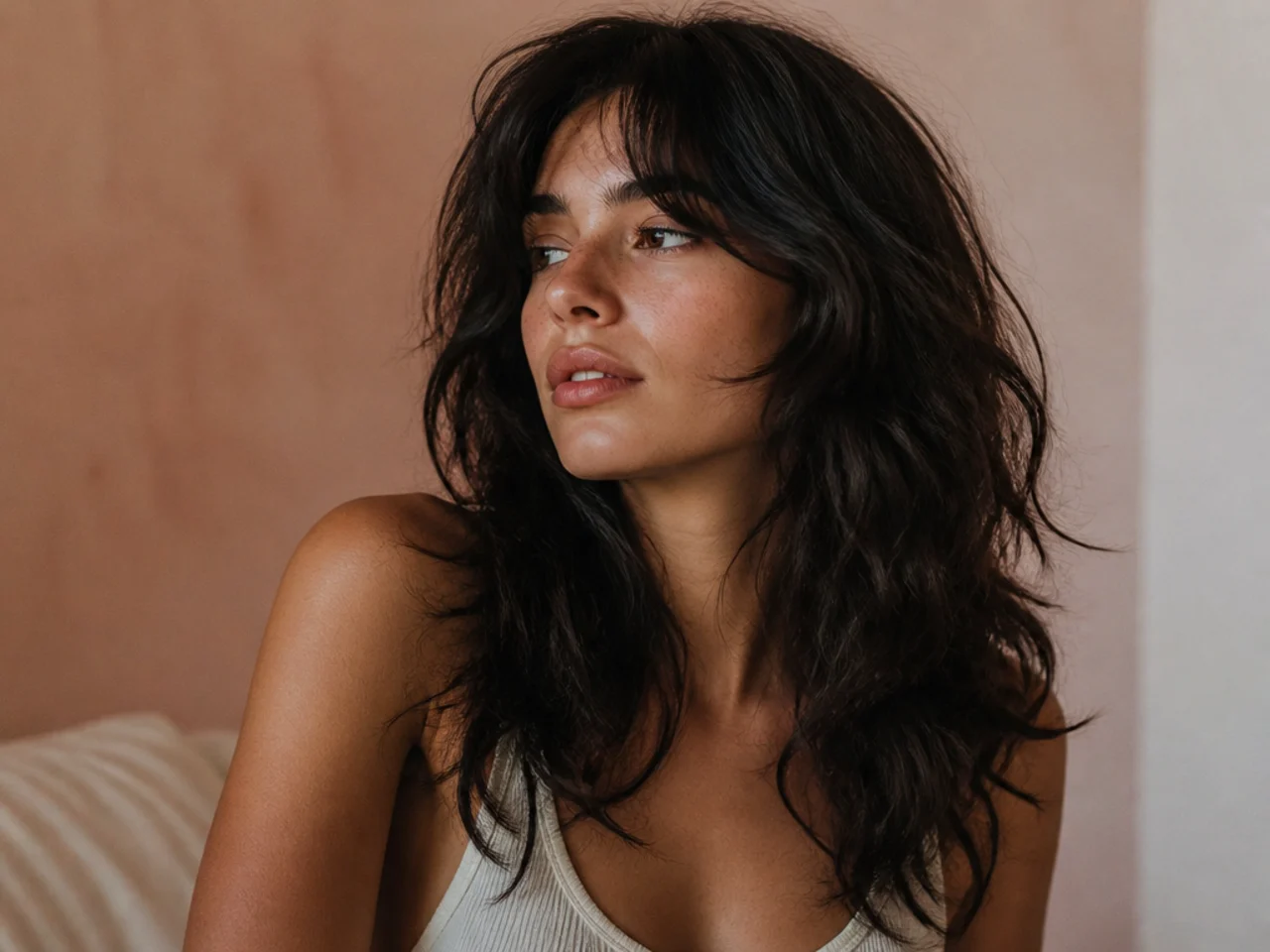A long wavy wolf cut styled with salt spray