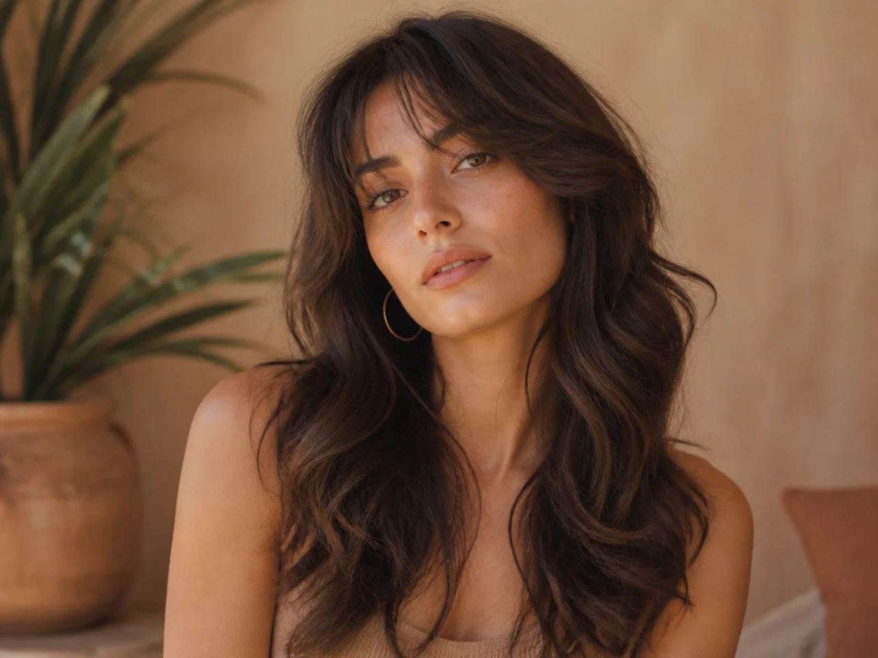 A long wavy wolf cut with curtain bangs