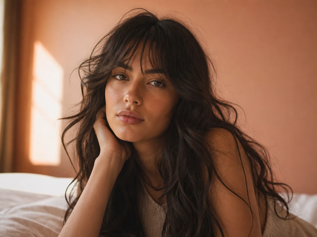 Long wavy hair with wispy bangs and a layered crown