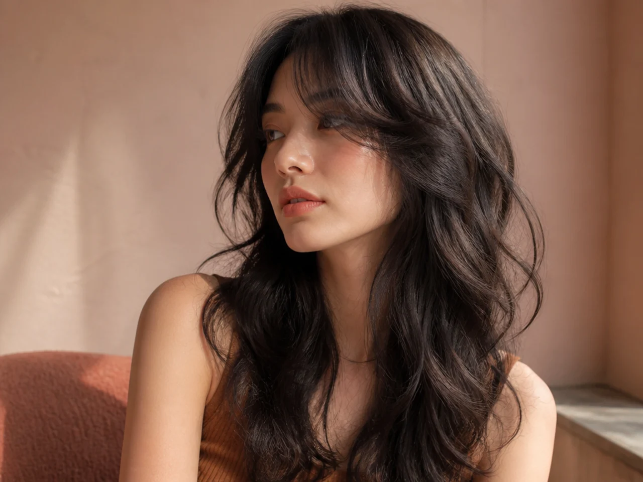 A long wavy wolf cut with face framing layers