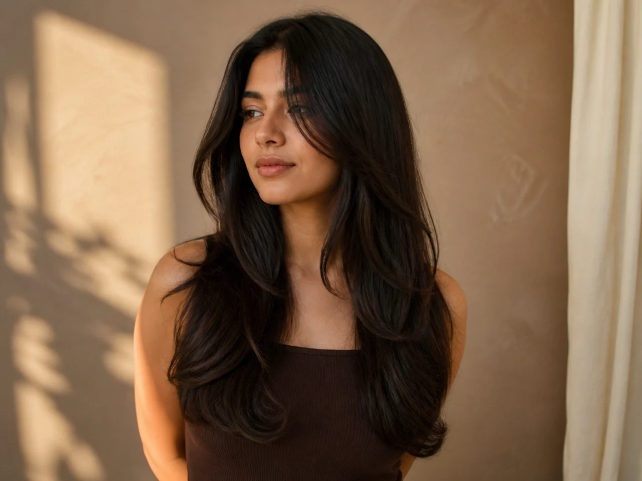 Long wavy hair with hidden internal layers and a blunt outline