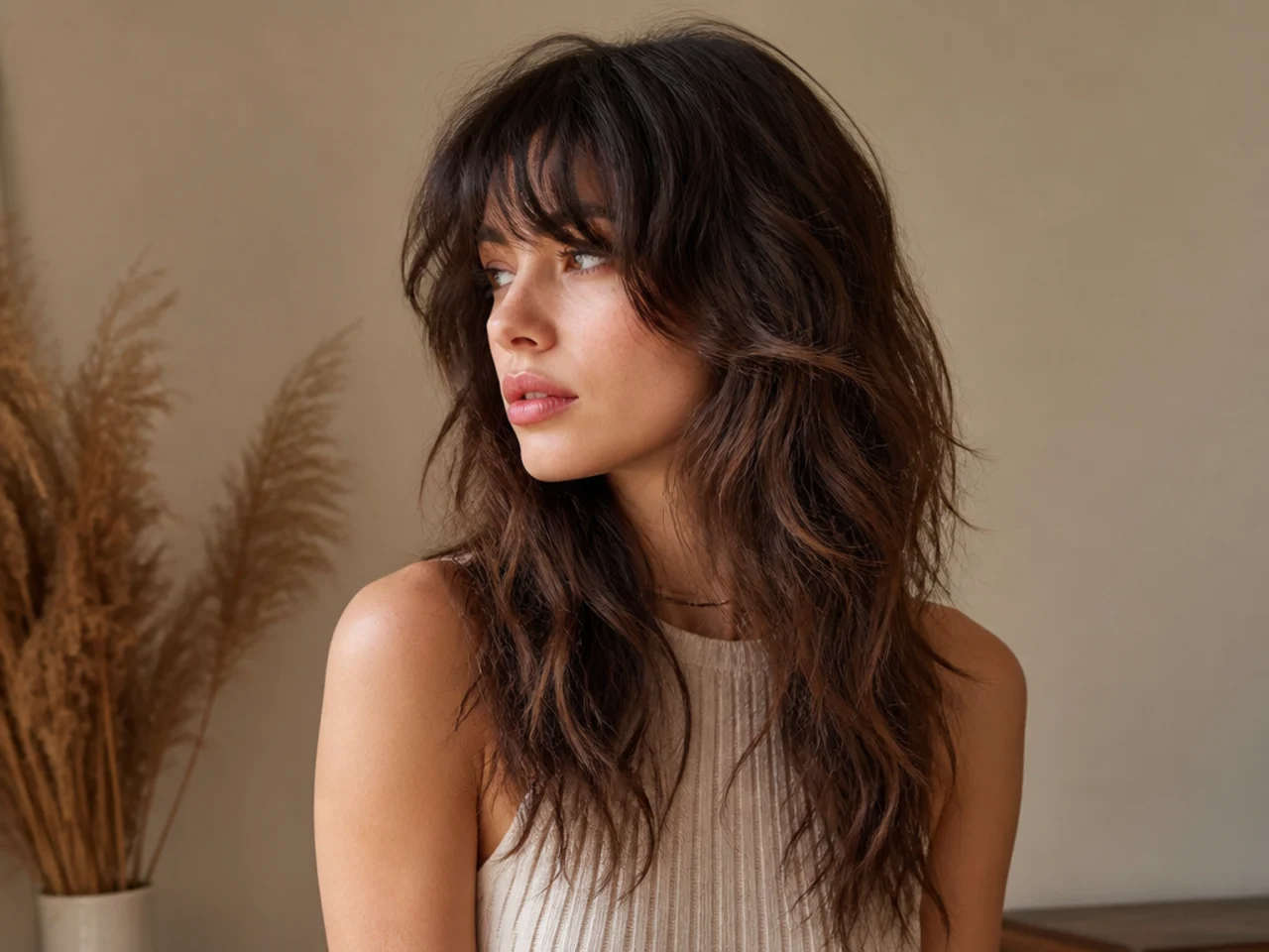 A shag leaning wolf cut on long wavy hair