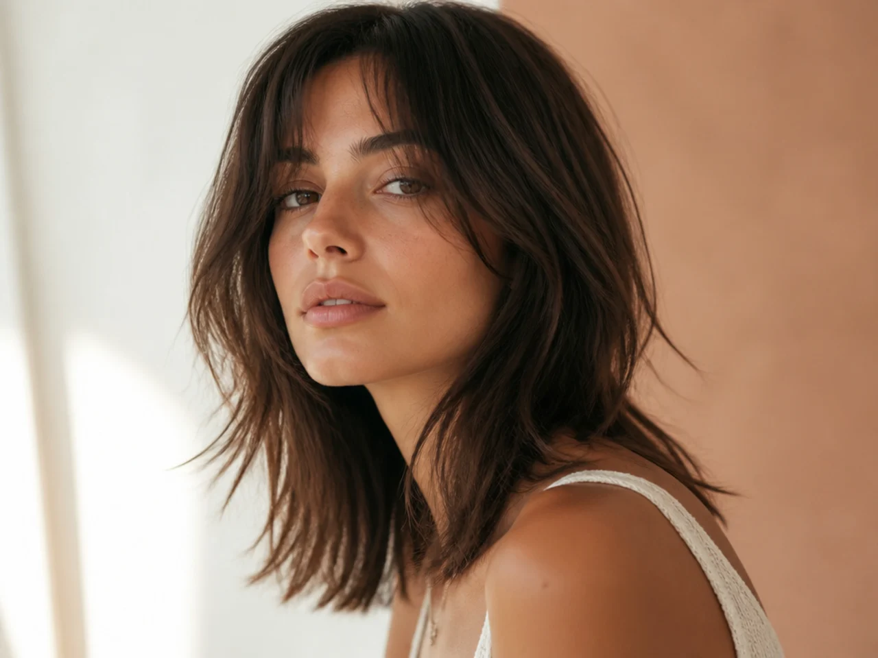 Softly broken point cut ends on a shoulder length layered cut