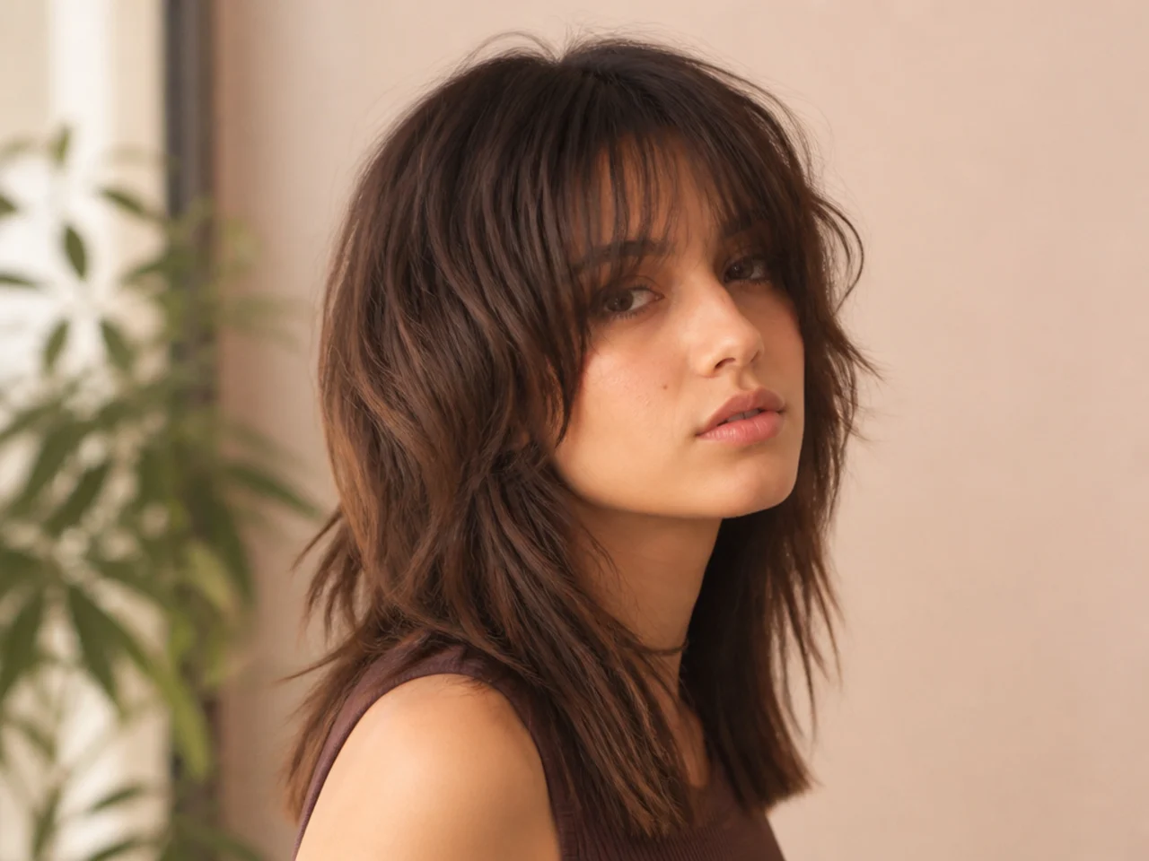 A layered wolf cut with a sharp blunt bottom line catching light
