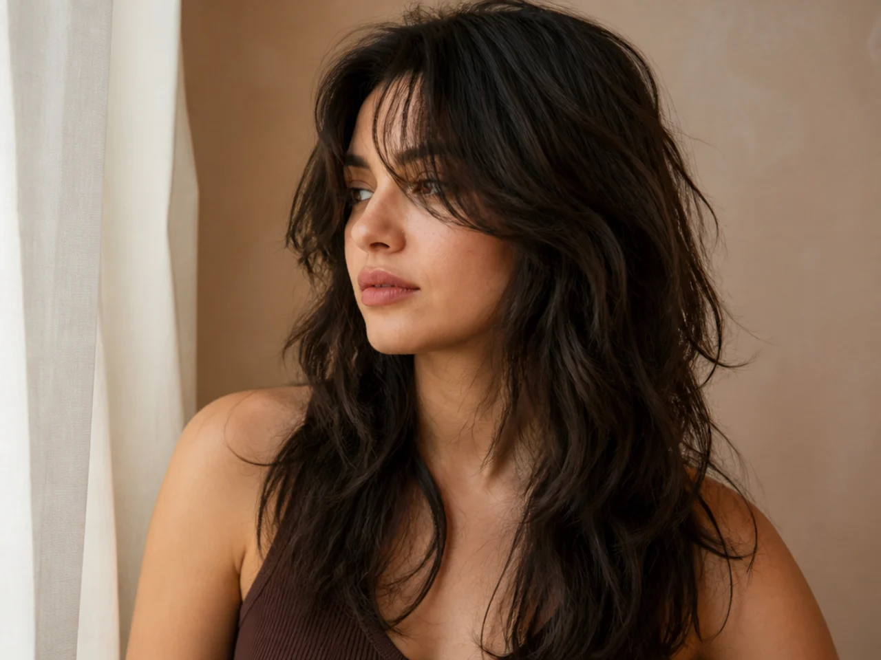 Loose waves through a layered wolf cut with soft blended steps