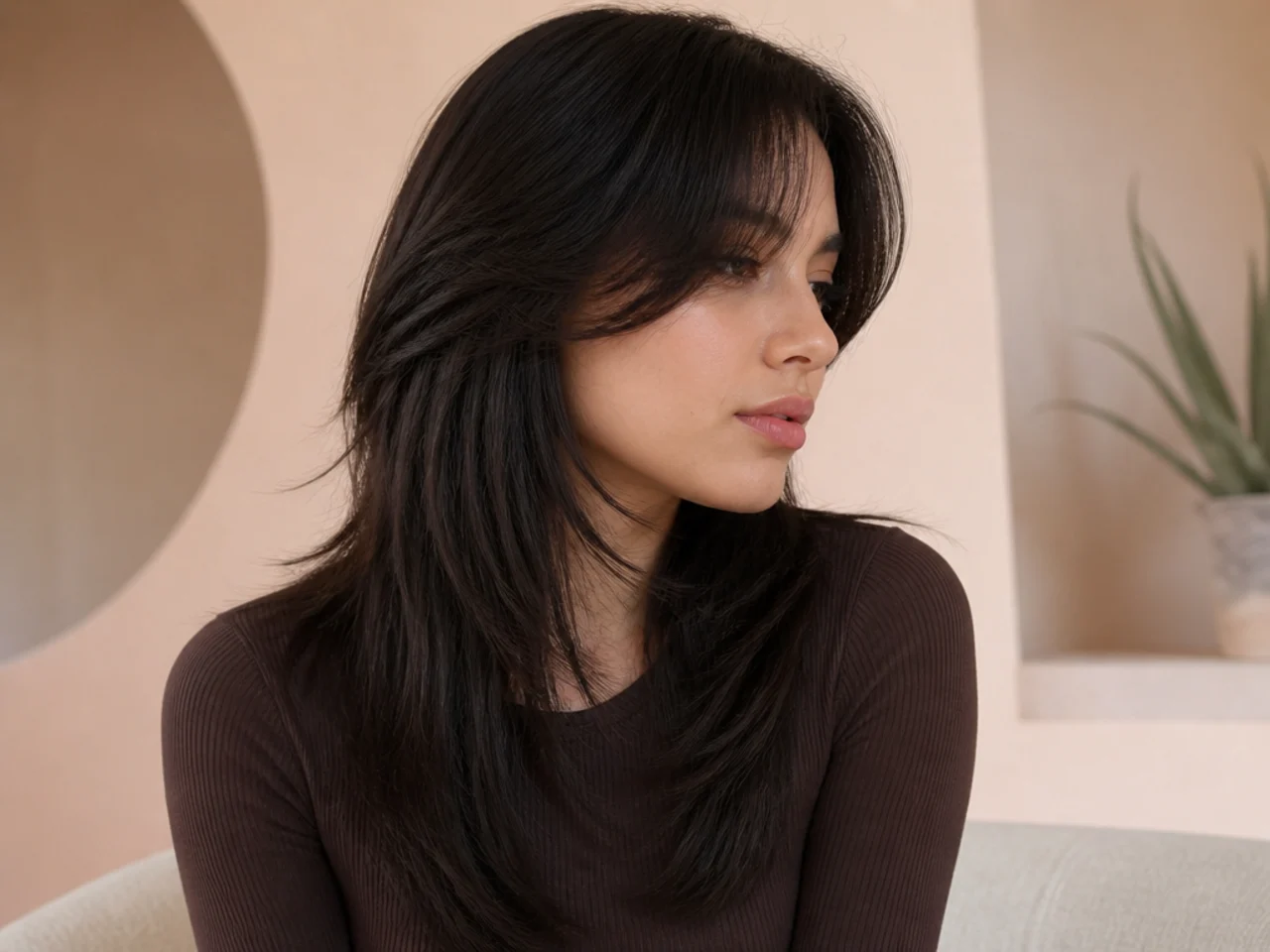 Glossy straight hair in a layered wolf cut with crisp visible steps