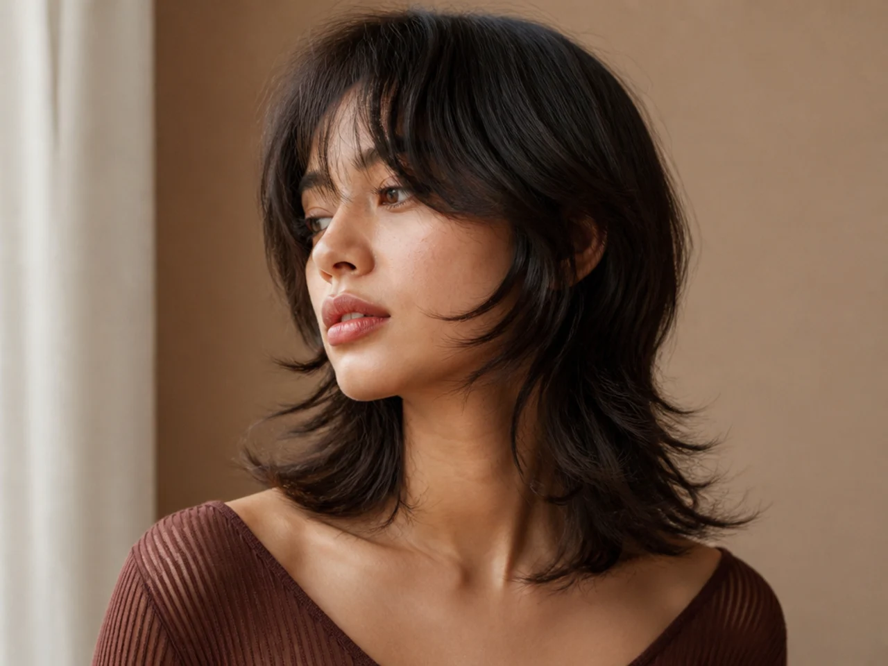 A shoulder length layered wolf cut with ends kicking outward