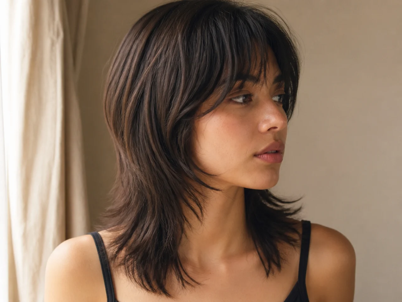 A collarbone length wolf cut with layers falling cleanly past the shoulders