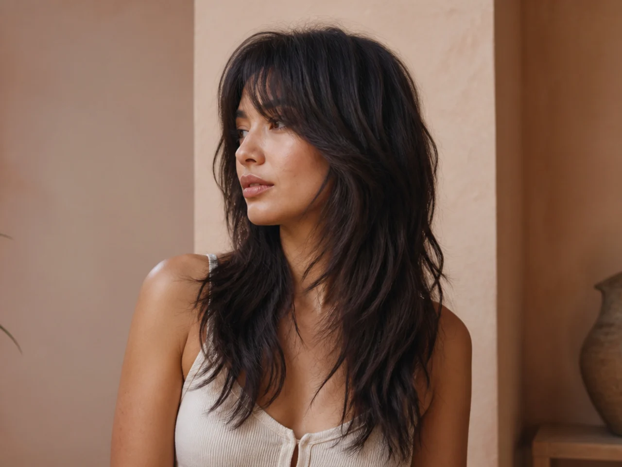 A mid back length wolf cut with a long gradual layer stack