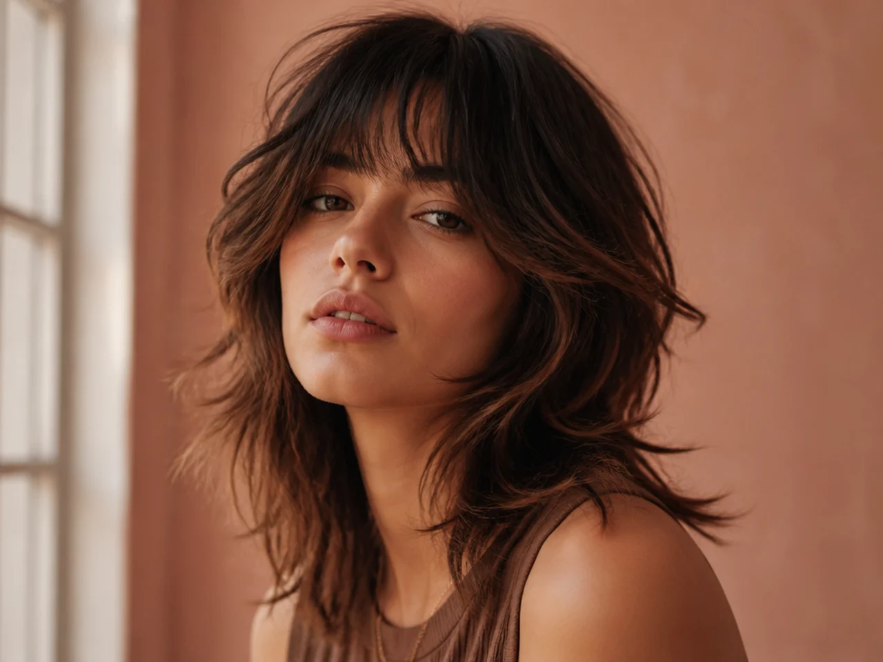 A layered wolf cut with dark roots melting into lighter mid lengths