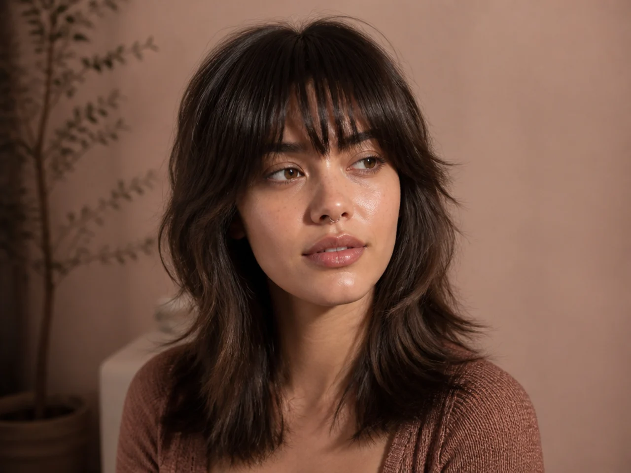 A layered wolf cut with a strong blunt bottom edge and full ends