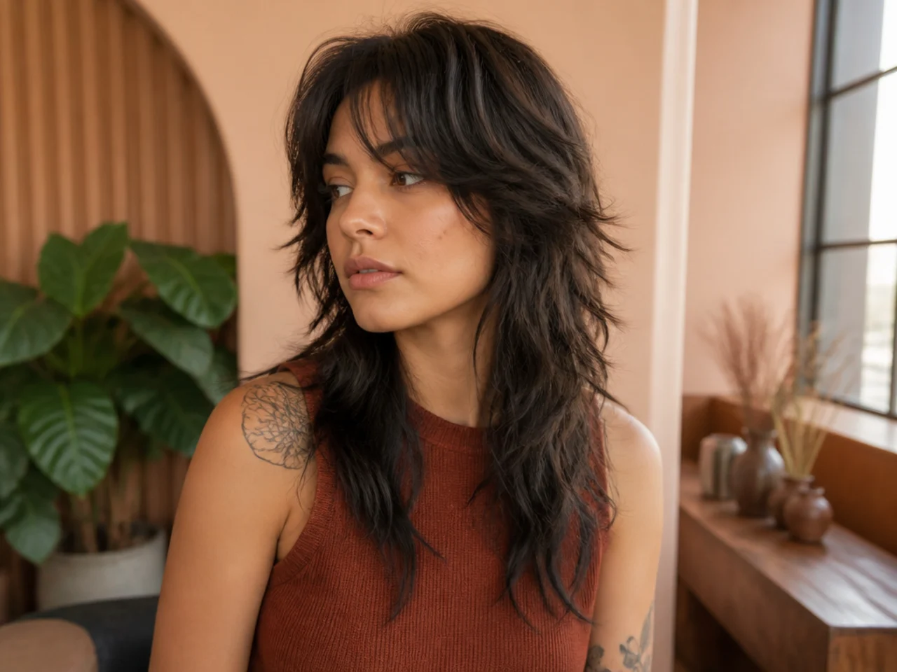 Softly feathered tapered ends on a thick layered wolf cut