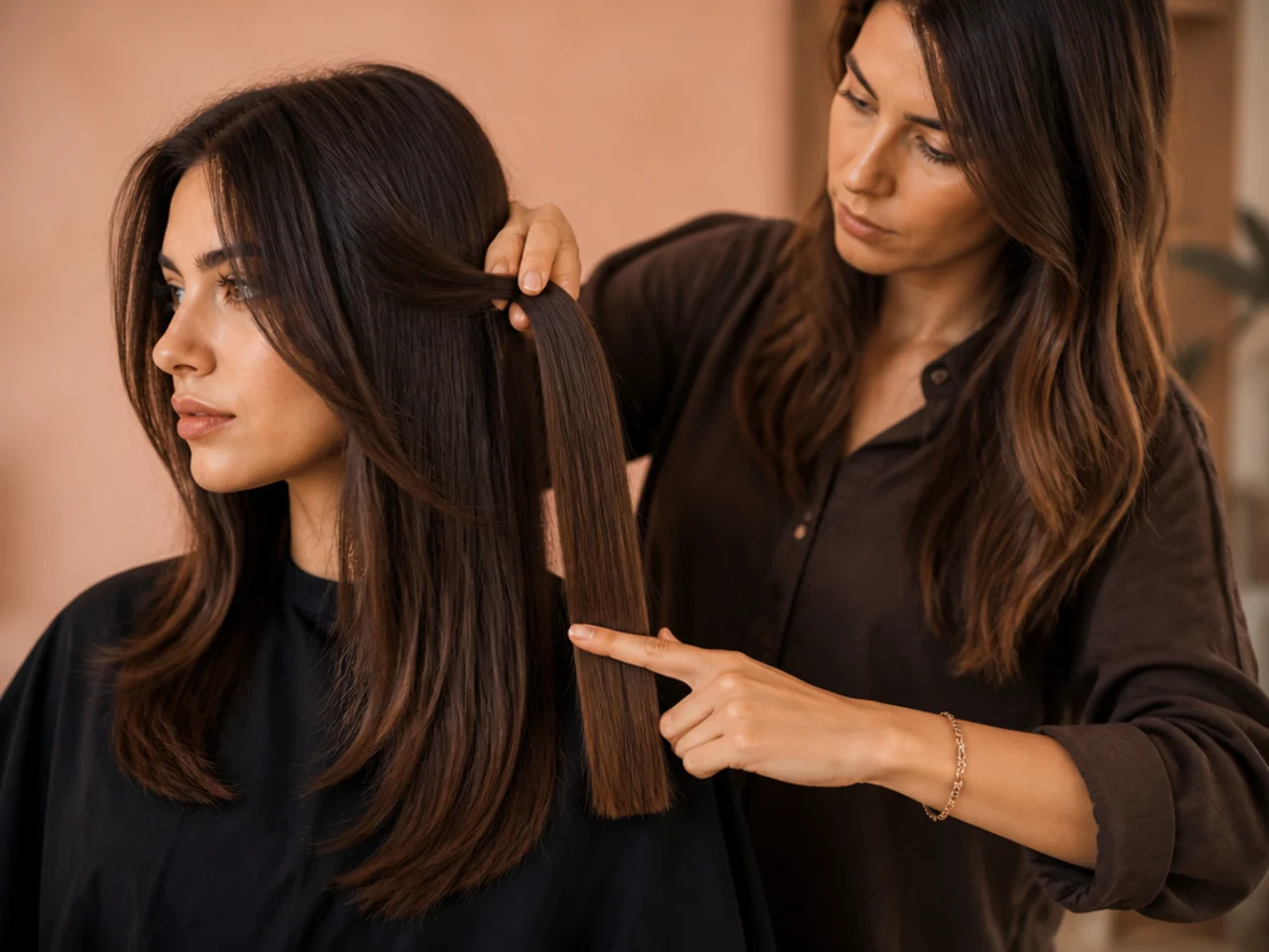A stylist holding two sections of different lengths to check the step between them