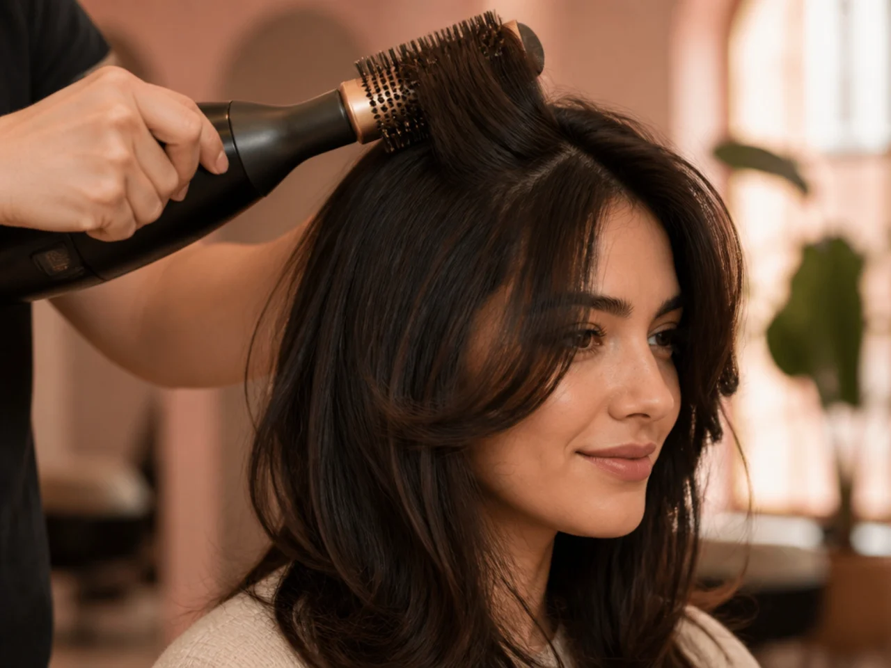 A round brush lifting the crown roots of a layered cut while blow drying