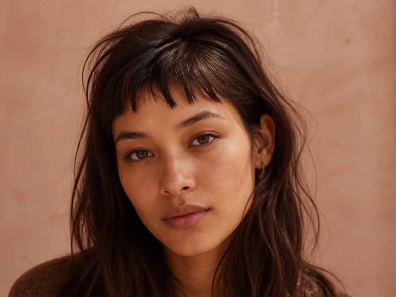 A choppy micro fringe split naturally by a cowlick at the hairline