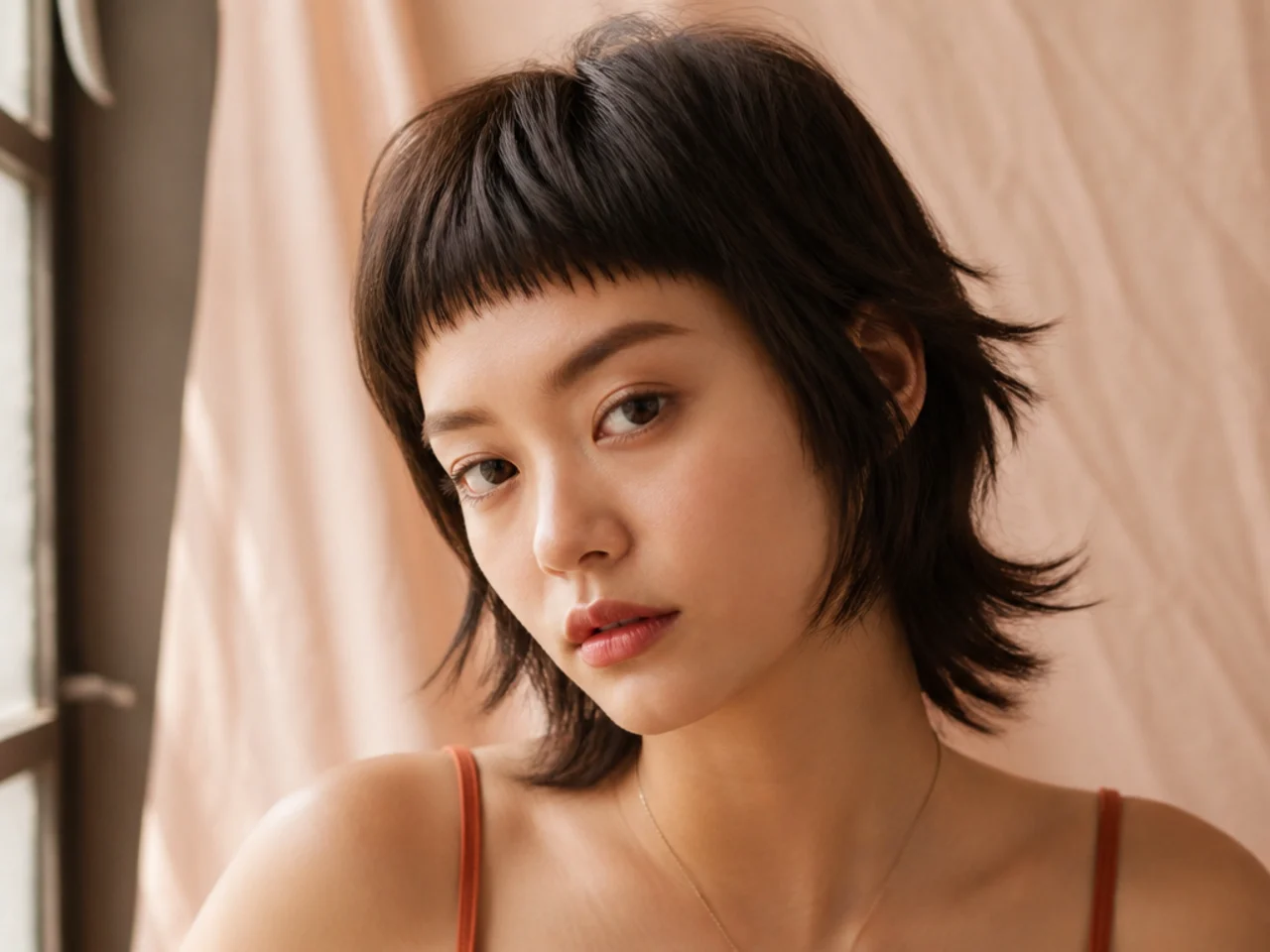 A chin length wolf cut with a very short blunt fringe