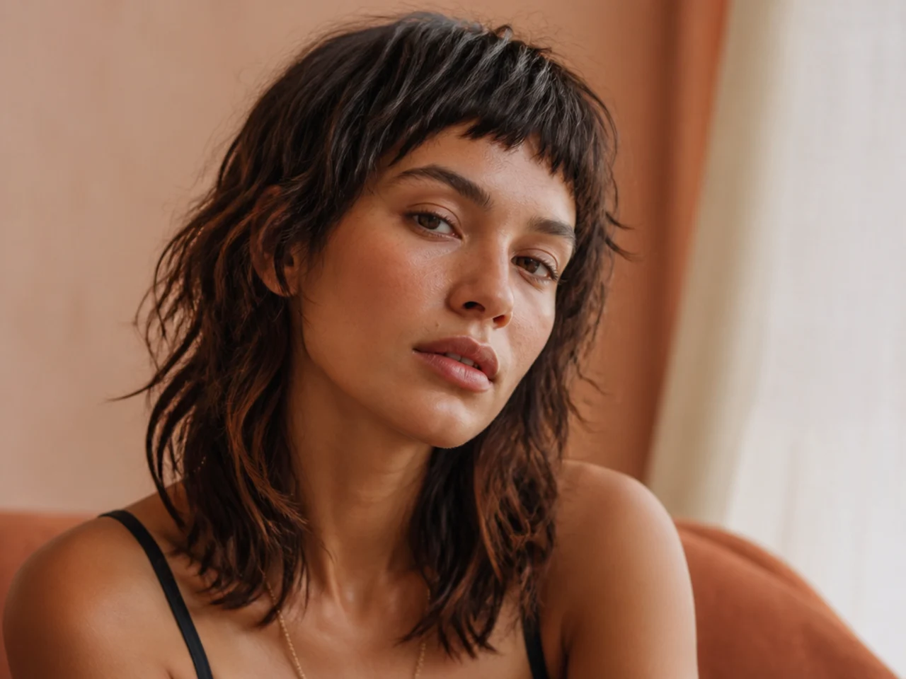 A shoulder length wolf cut with micro bangs high on the forehead
