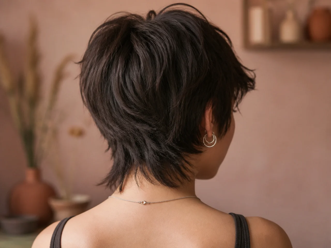 Back view of a short wolf cut with a cleanly tapered nape
