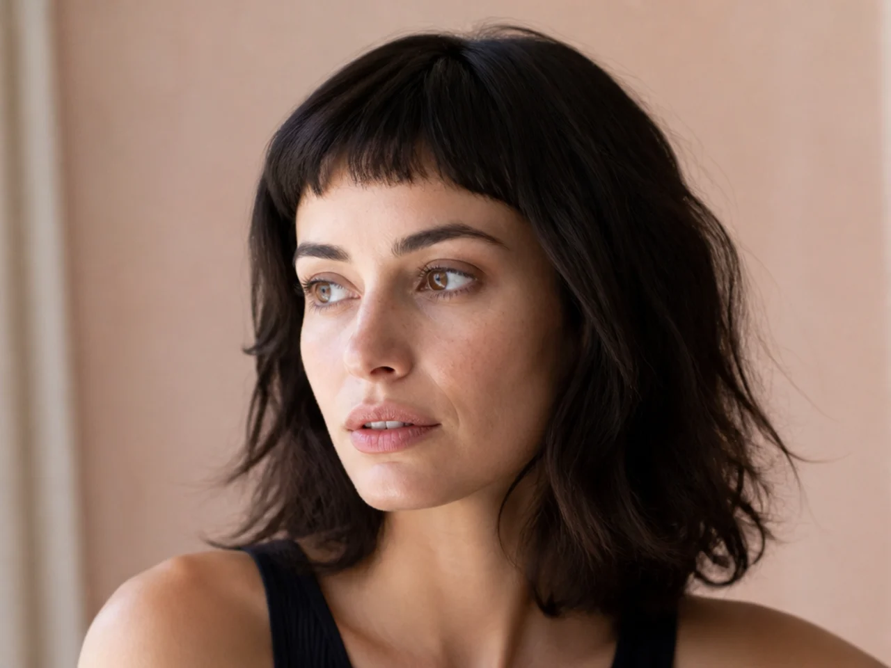 A micro fringe cut with a gentle curve longer at the centre
