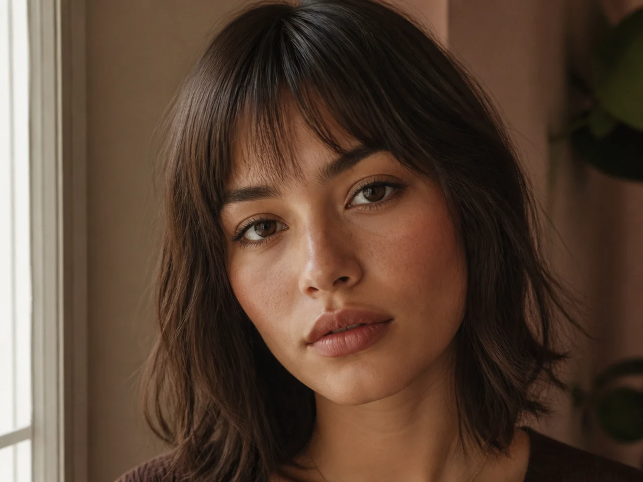 A micro fringe part way grown out sitting just above the eyebrows