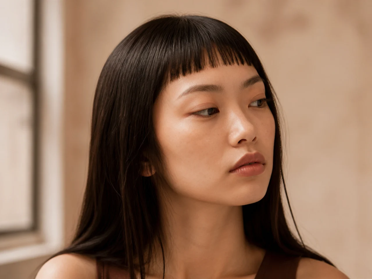 A precise micro fringe on straight dark hair