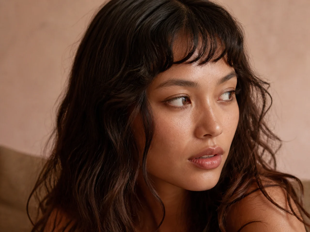 A wavy micro fringe lifting away from the forehead