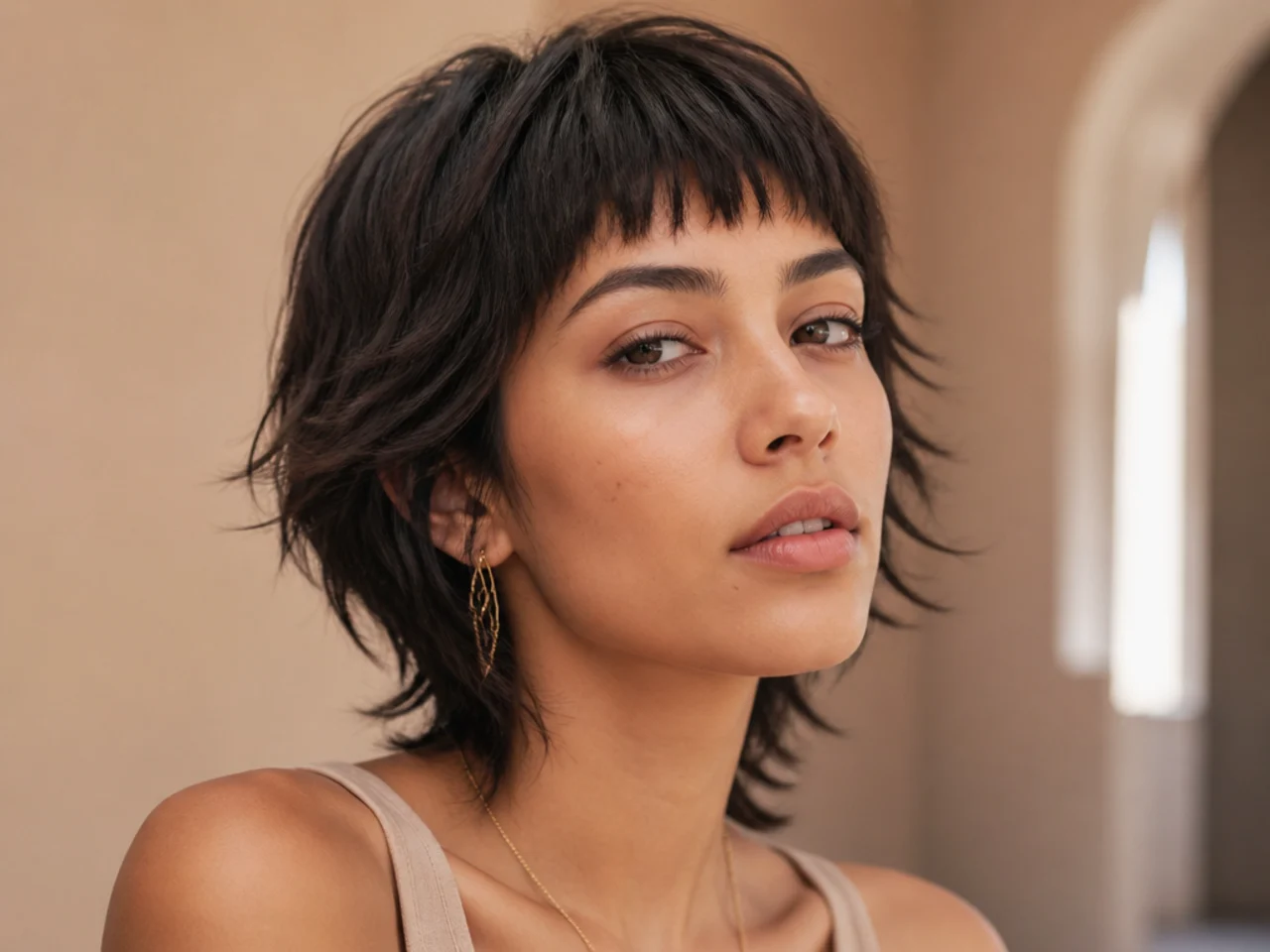 Three quarter view of a short wolf cut with micro bangs in daylight