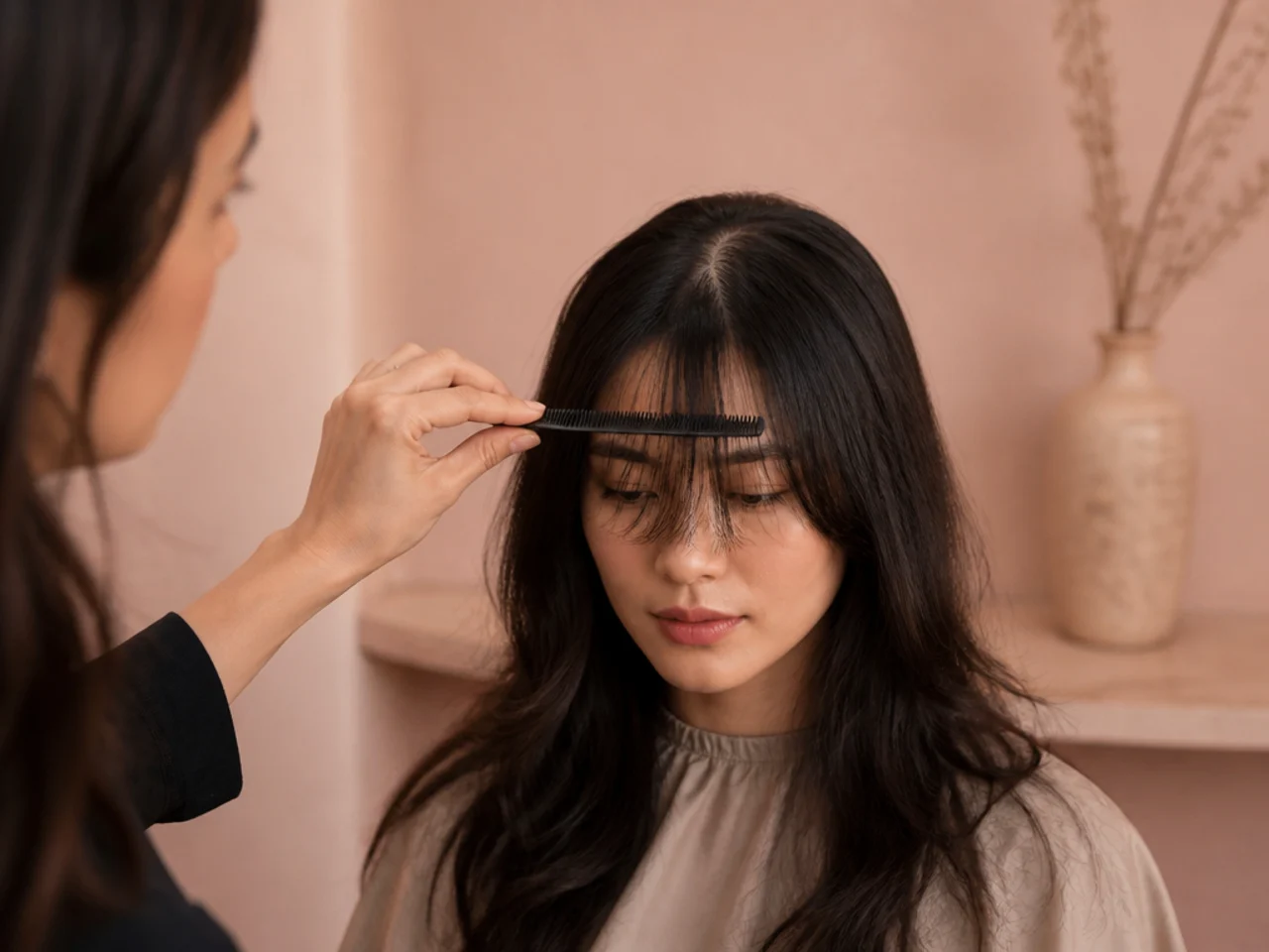 A stylist combing a fringe forward to check its natural split before cutting