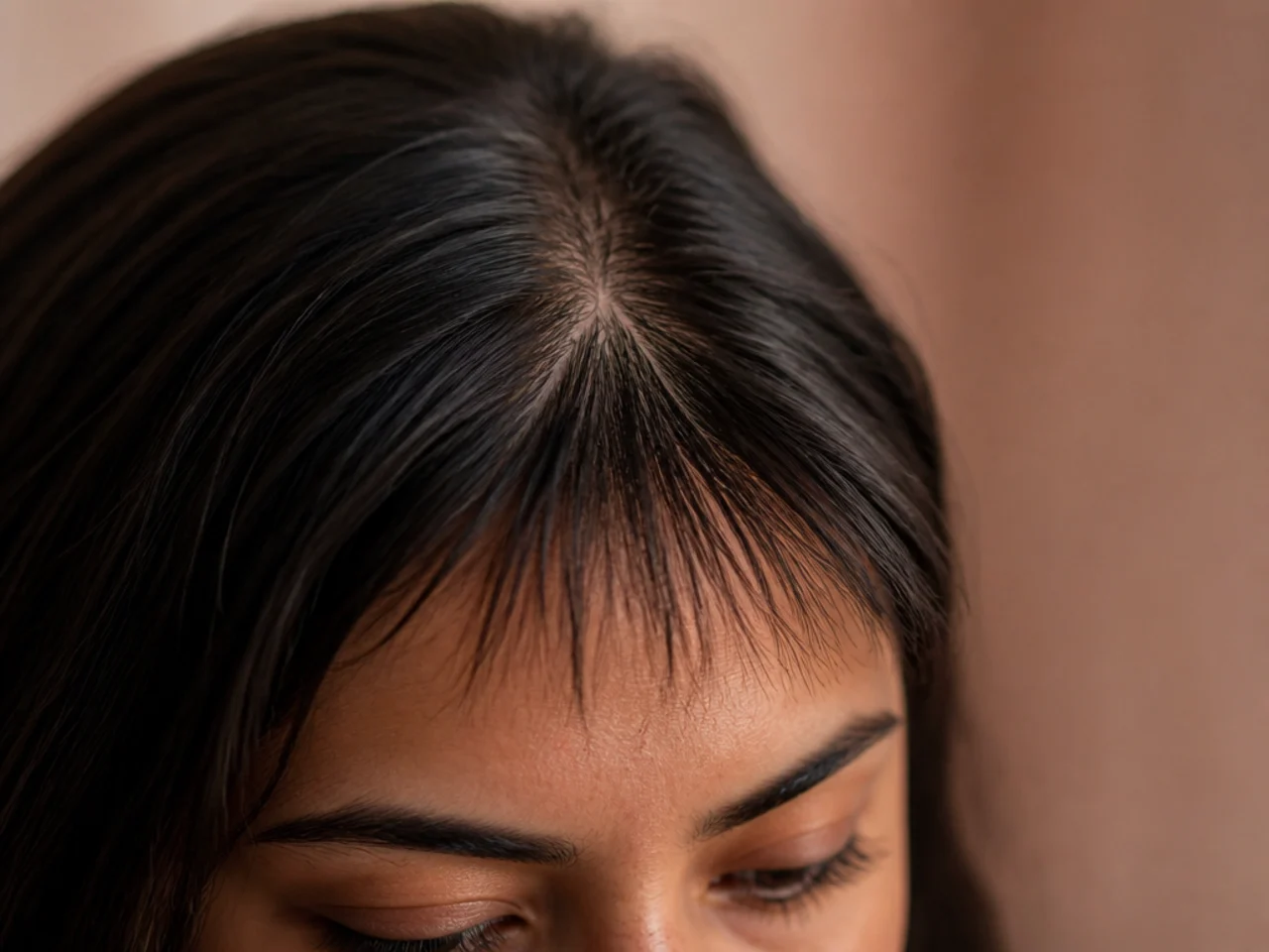 A micro fringe splitting apart over a cowlick at the hairline