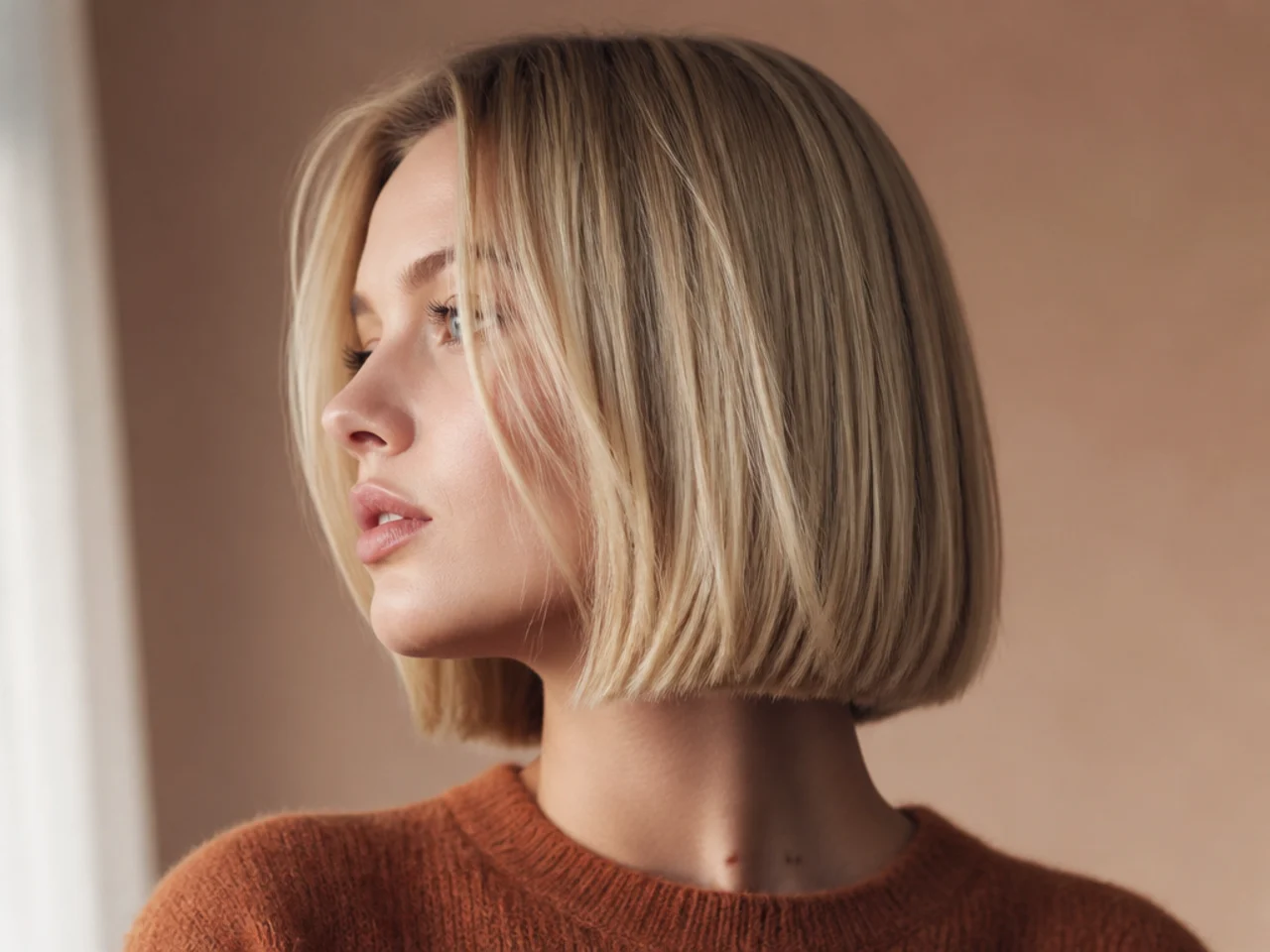 Fine blonde hair with a solid blunt outline and movement hidden inside the shape
