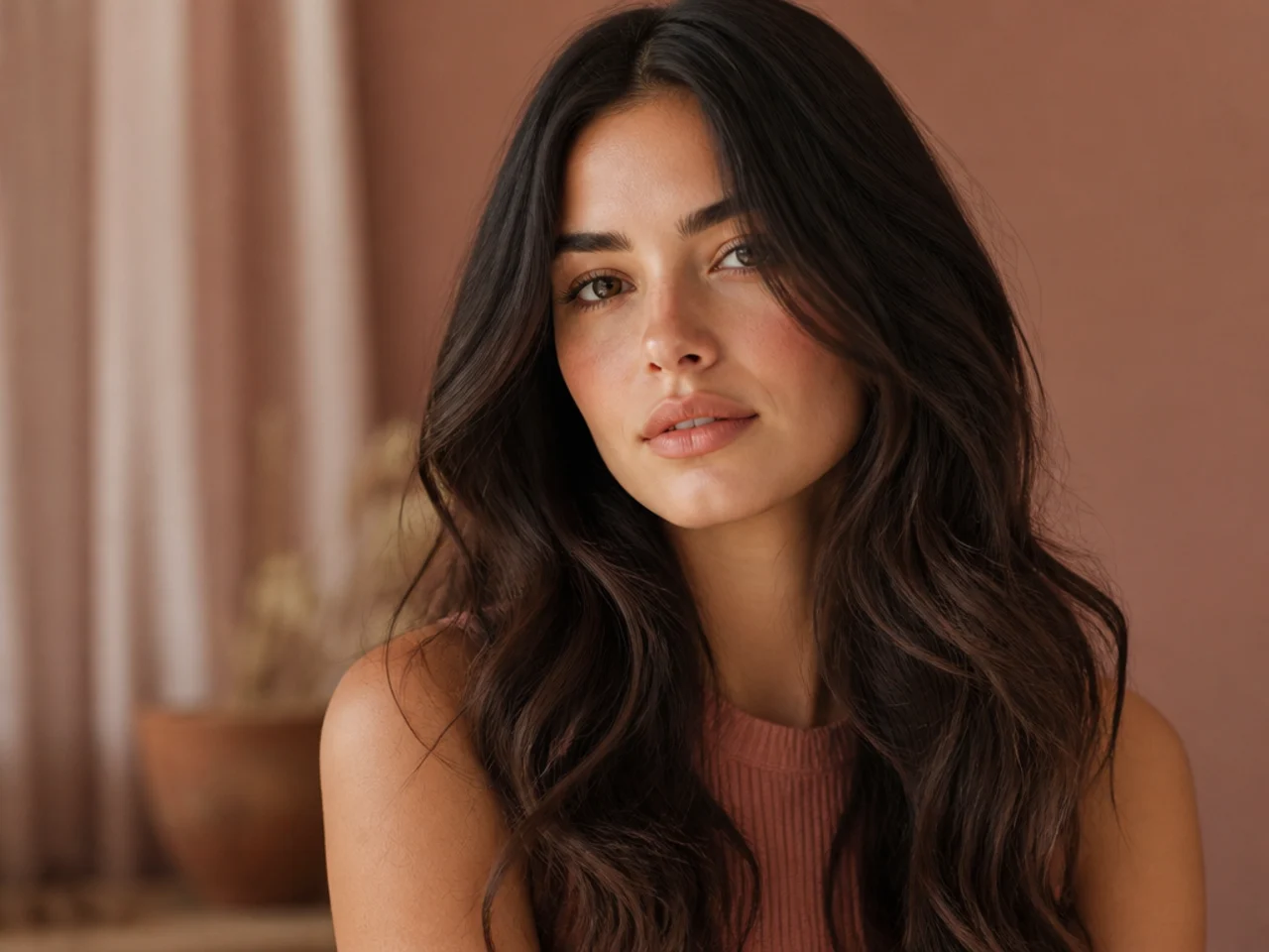 Natural loose waves with soft layering and no fringe, parted in the middle