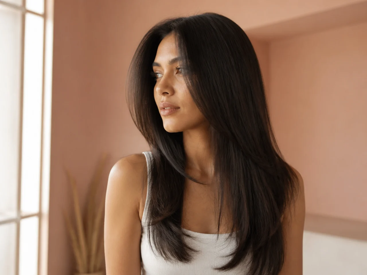 Sleek straight hair with closely graduated layers and no fringe