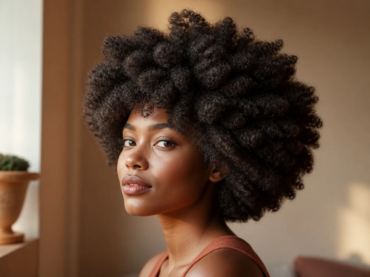 Dense coily hair shaped into rounded layered tiers with no fringe