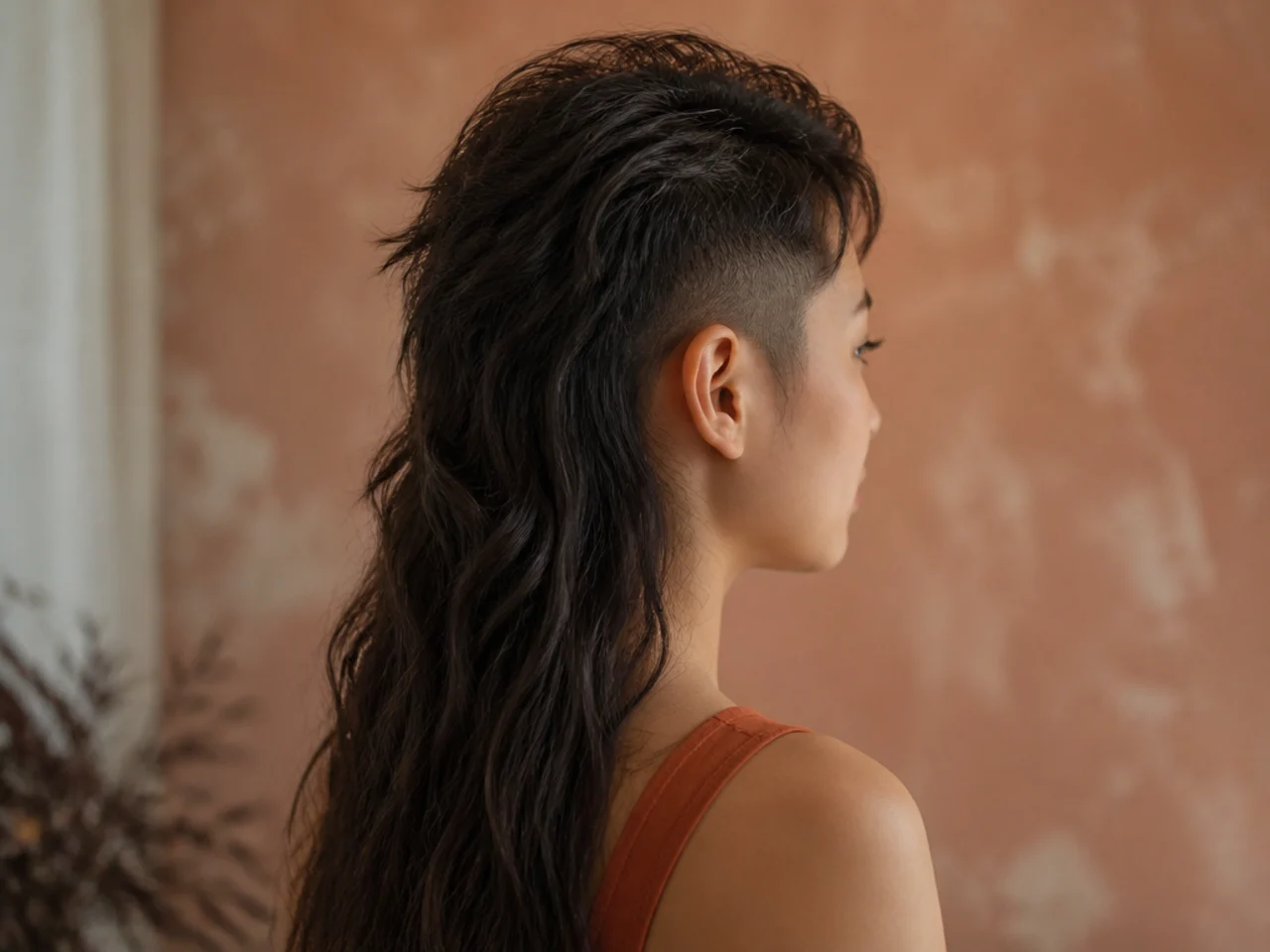 Cropped textured crown and short sides above long hair falling down the back